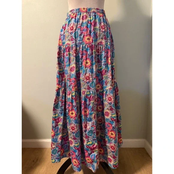 MELLODAY Tiered Maxi Skirt Floral Blue Pink Yellow Flowy Y2K M boho fairy whimsi - Picture 2 of 5